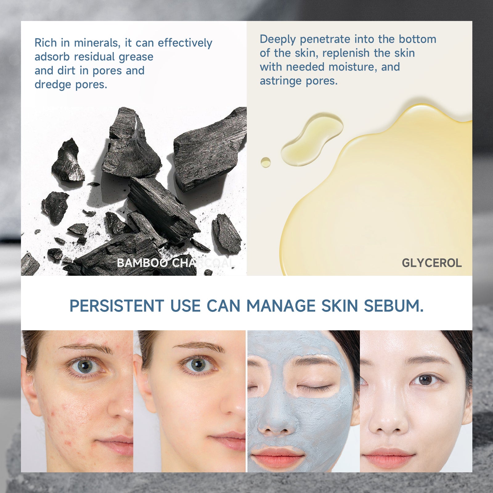 Product advertisement with bamboo charcoal and glycerol, showing their effects on skin.